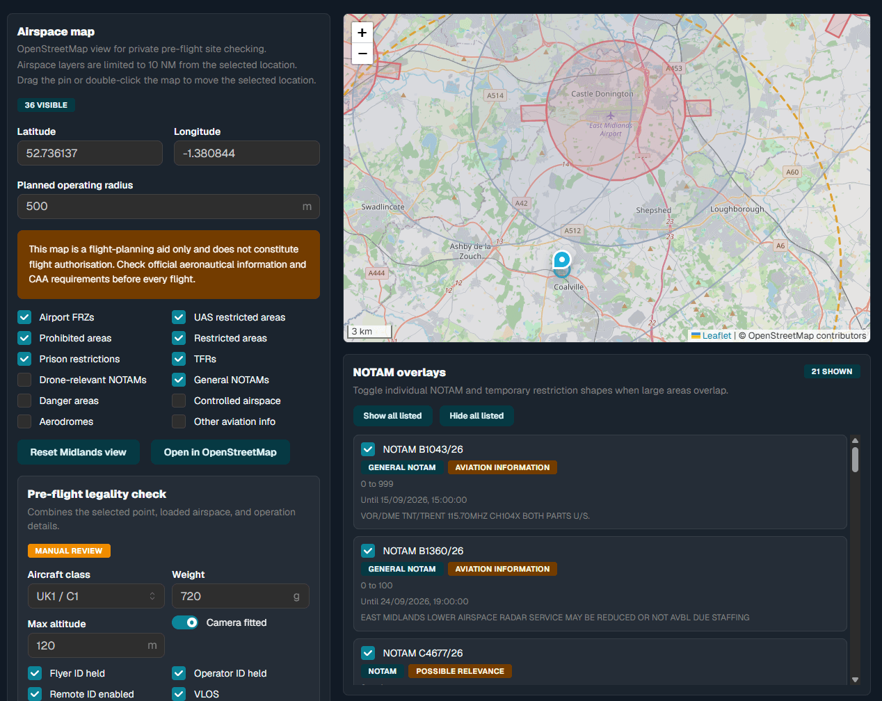 Pre-flight airspace and NOTAM planning map
